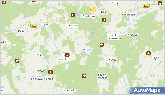mapa Wopy gmina Pieniężno, Wopy gmina Pieniężno na mapie Targeo
