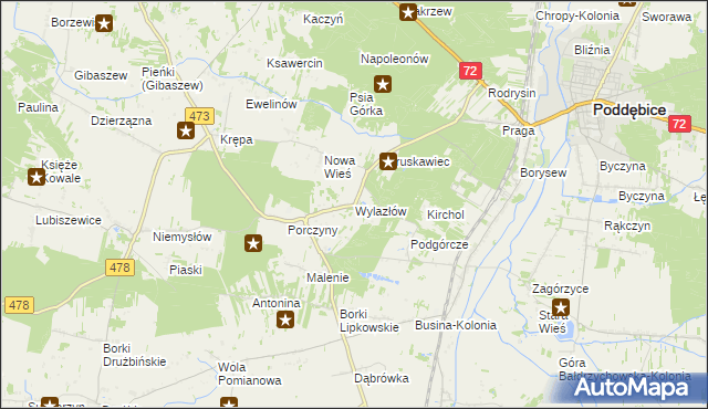 mapa Wylazłów gmina Poddębice, Wylazłów gmina Poddębice na mapie Targeo