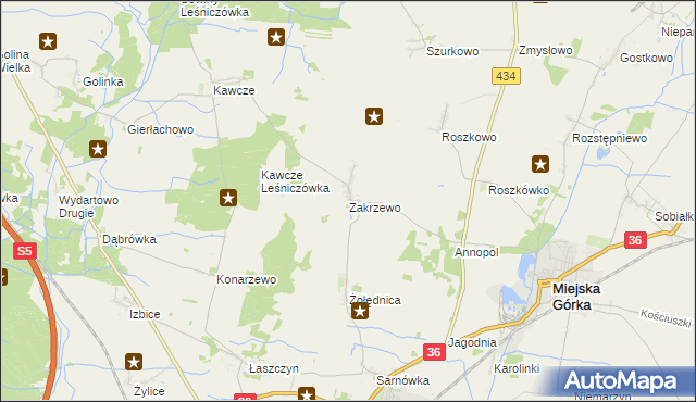 mapa Zakrzewo gmina Miejska Górka, Zakrzewo gmina Miejska Górka na mapie Targeo