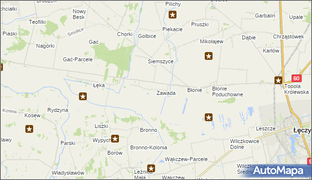 mapa Zawada gmina Łęczyca, Zawada gmina Łęczyca na mapie Targeo