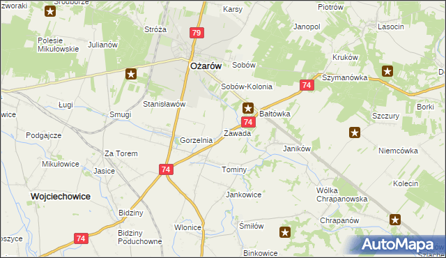 mapa Zawada gmina Ożarów, Zawada gmina Ożarów na mapie Targeo