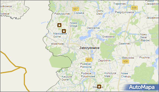 mapa Zebrzydowice powiat cieszyński, Zebrzydowice powiat cieszyński na mapie Targeo