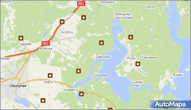 mapa Zielonowo gmina Stawiguda, Zielonowo gmina Stawiguda na mapie Targeo