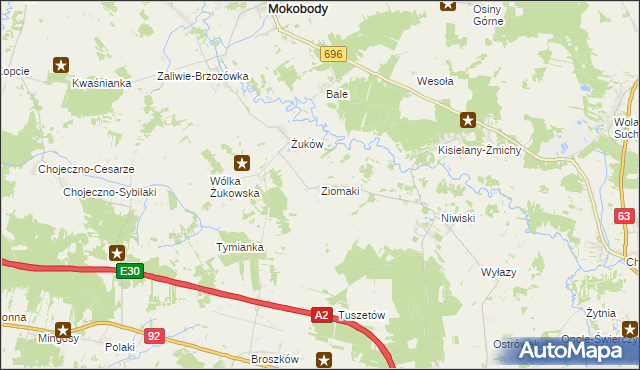 mapa Ziomaki gmina Mokobody, Ziomaki gmina Mokobody na mapie Targeo