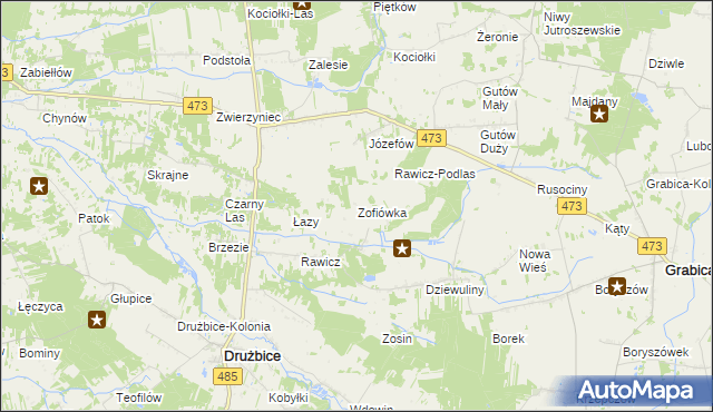 mapa Zofiówka gmina Drużbice, Zofiówka gmina Drużbice na mapie Targeo