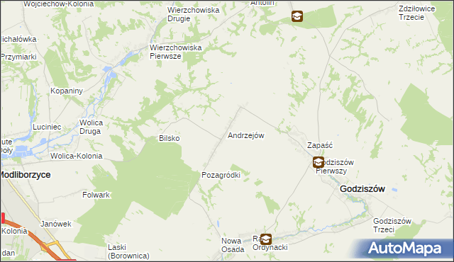 mapa Andrzejów gmina Godziszów, Andrzejów gmina Godziszów na mapie Targeo