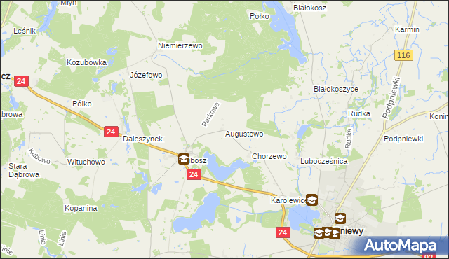 mapa Augustowo gmina Kwilcz, Augustowo gmina Kwilcz na mapie Targeo