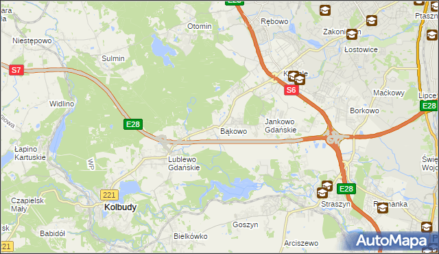 mapa Bąkowo gmina Kolbudy, Bąkowo gmina Kolbudy na mapie Targeo