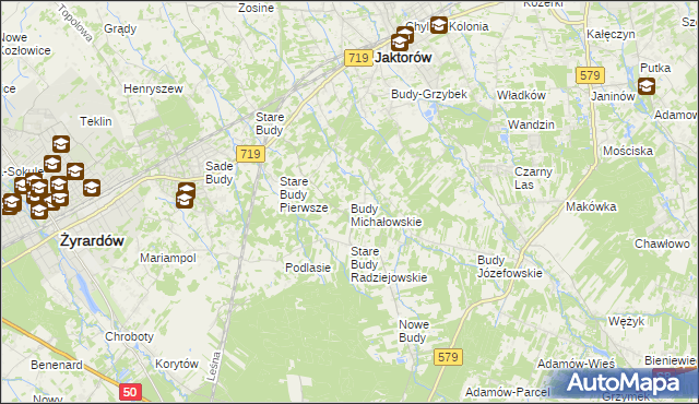 mapa Budy Michałowskie gmina Jaktorów, Budy Michałowskie gmina Jaktorów na mapie Targeo