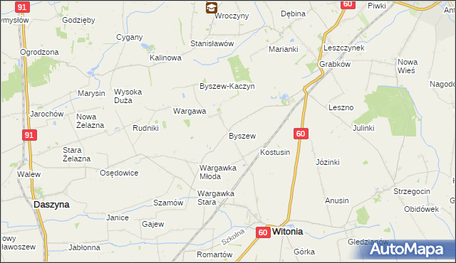 mapa Byszew gmina Kutno, Byszew gmina Kutno na mapie Targeo