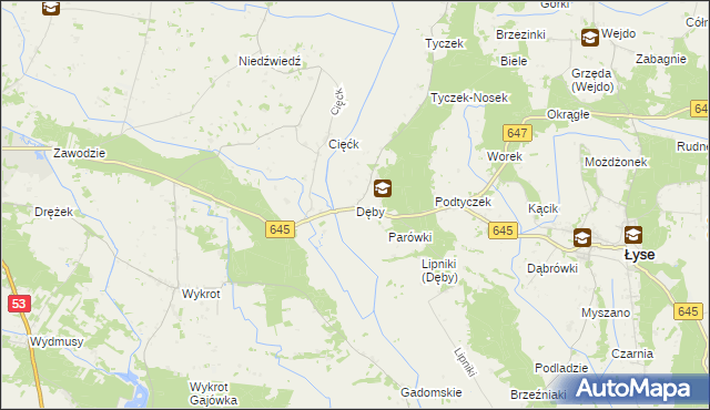 mapa Dęby gmina Łyse, Dęby gmina Łyse na mapie Targeo