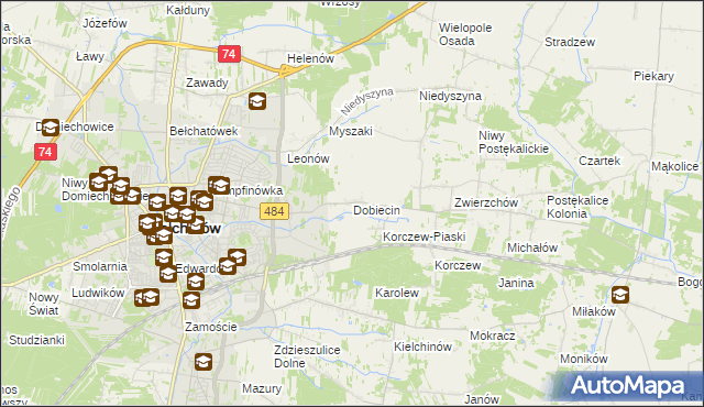 mapa Dobiecin gmina Bełchatów, Dobiecin gmina Bełchatów na mapie Targeo