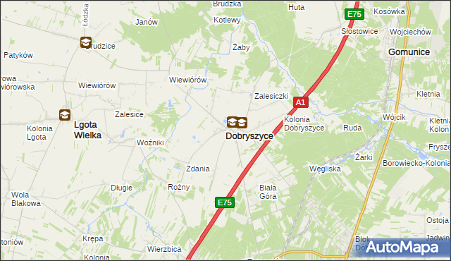 mapa Dobryszyce, Dobryszyce na mapie Targeo