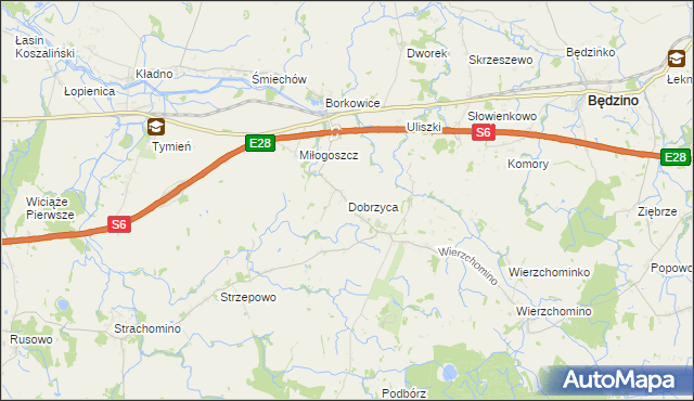 mapa Dobrzyca gmina Będzino, Dobrzyca gmina Będzino na mapie Targeo