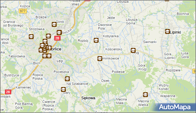 mapa Dominikowice gmina Gorlice, Dominikowice gmina Gorlice na mapie Targeo