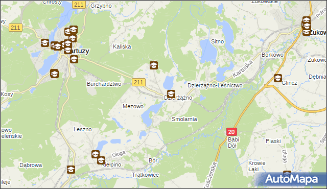 mapa Dzierżążno gmina Kartuzy, Dzierżążno gmina Kartuzy na mapie Targeo