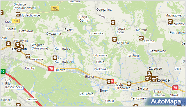 mapa Filipowice gmina Krzeszowice, Filipowice gmina Krzeszowice na mapie Targeo