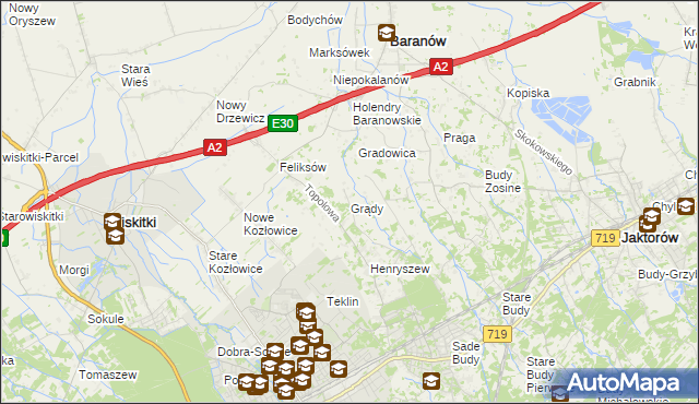 mapa Grądy gmina Jaktorów, Grądy gmina Jaktorów na mapie Targeo