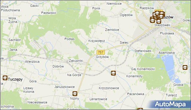 mapa Grzybów gmina Staszów, Grzybów gmina Staszów na mapie Targeo