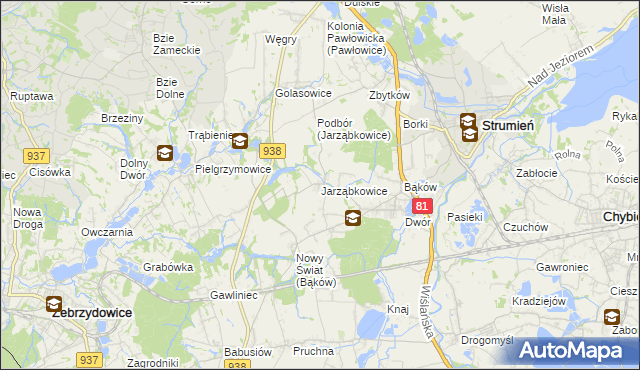 mapa Jarząbkowice gmina Pawłowice, Jarząbkowice gmina Pawłowice na mapie Targeo