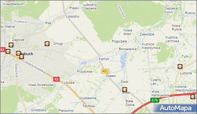 mapa Kamyk gmina Kłobuck, Kamyk gmina Kłobuck na mapie Targeo