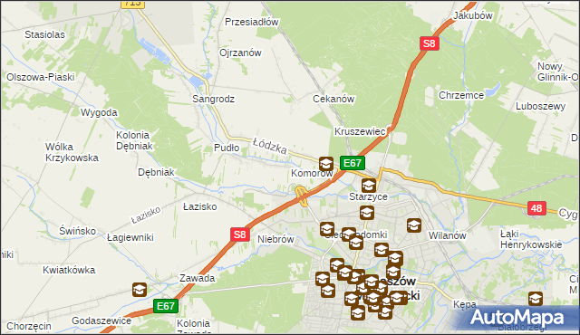 mapa Komorów gmina Tomaszów Mazowiecki, Komorów gmina Tomaszów Mazowiecki na mapie Targeo