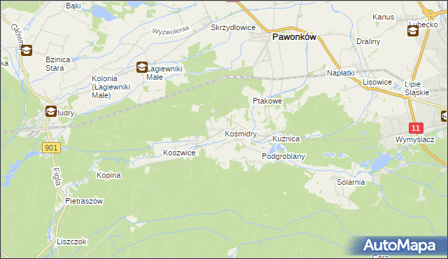 mapa Kośmidry gmina Pawonków, Kośmidry gmina Pawonków na mapie Targeo