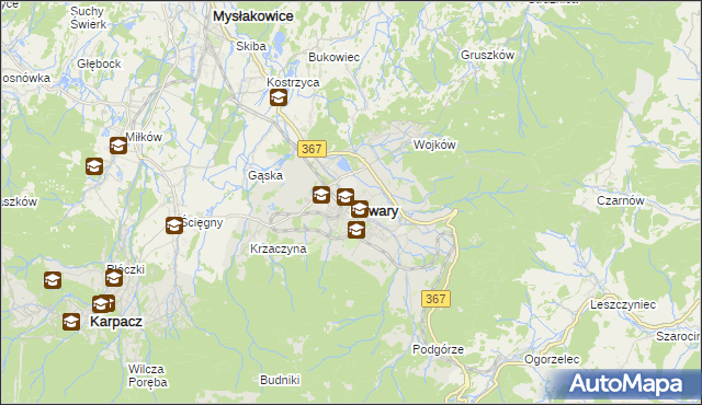 mapa Kowary powiat jeleniogórski, Kowary powiat jeleniogórski na mapie Targeo