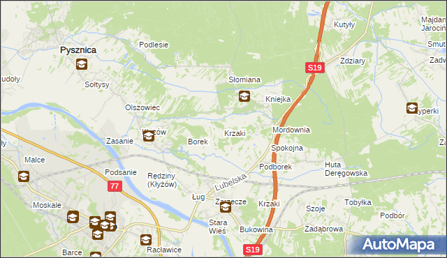 mapa Krzaki gmina Pysznica, Krzaki gmina Pysznica na mapie Targeo
