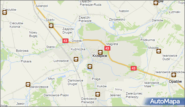 mapa Krzepice powiat kłobucki, Krzepice powiat kłobucki na mapie Targeo