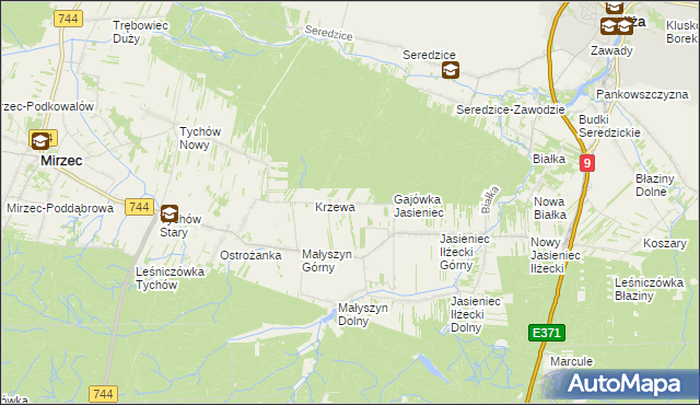 mapa Krzewa gmina Mirzec, Krzewa gmina Mirzec na mapie Targeo