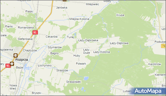 mapa Łazy Duże gmina Rozprza, Łazy Duże gmina Rozprza na mapie Targeo
