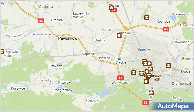 mapa Lisowice gmina Pawonków, Lisowice gmina Pawonków na mapie Targeo