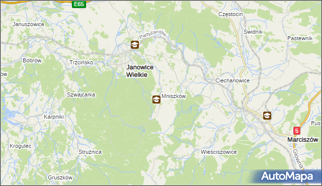 mapa Mniszków gmina Janowice Wielkie, Mniszków gmina Janowice Wielkie na mapie Targeo