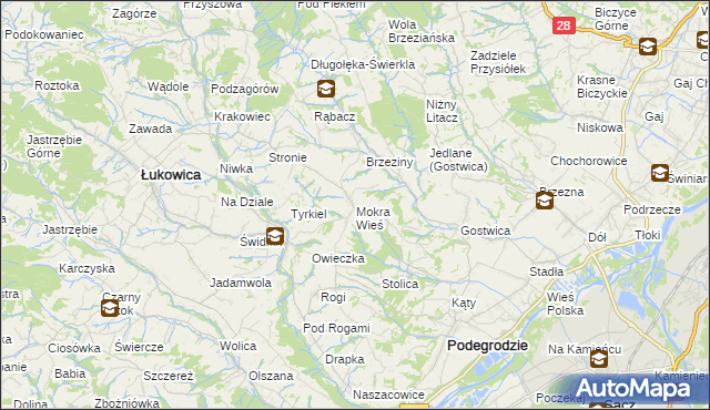 mapa Mokra Wieś gmina Podegrodzie, Mokra Wieś gmina Podegrodzie na mapie Targeo