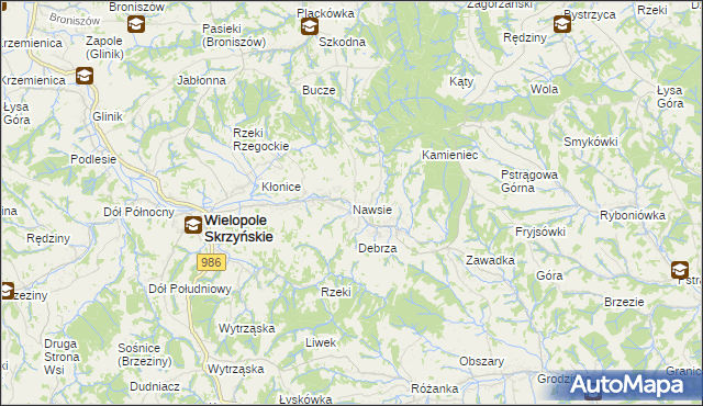 mapa Nawsie gmina Wielopole Skrzyńskie, Nawsie gmina Wielopole Skrzyńskie na mapie Targeo