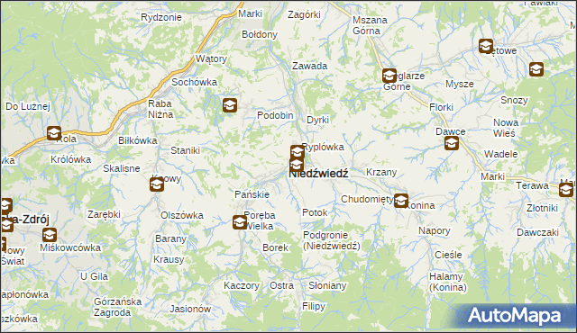 mapa Niedźwiedź powiat limanowski, Niedźwiedź powiat limanowski na mapie Targeo