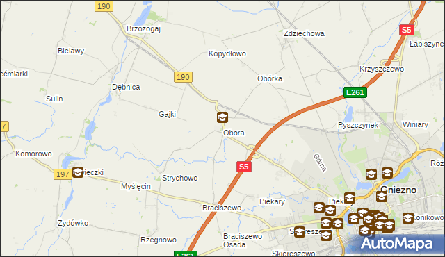 mapa Obora gmina Gniezno, Obora gmina Gniezno na mapie Targeo