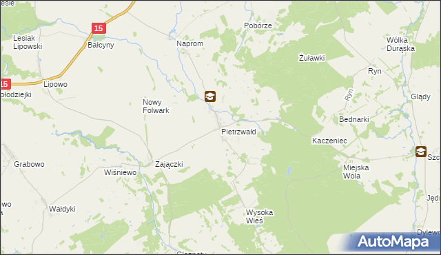 mapa Pietrzwałd gmina Ostróda, Pietrzwałd gmina Ostróda na mapie Targeo