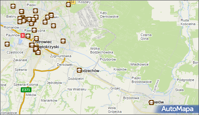 mapa Przyborów gmina Bodzechów, Przyborów gmina Bodzechów na mapie Targeo