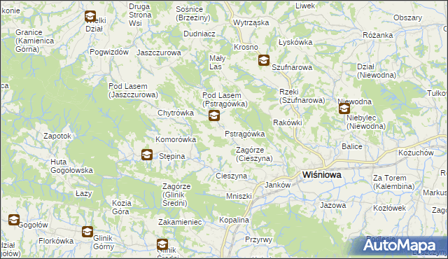 mapa Pstrągówka gmina Wiśniowa, Pstrągówka gmina Wiśniowa na mapie Targeo