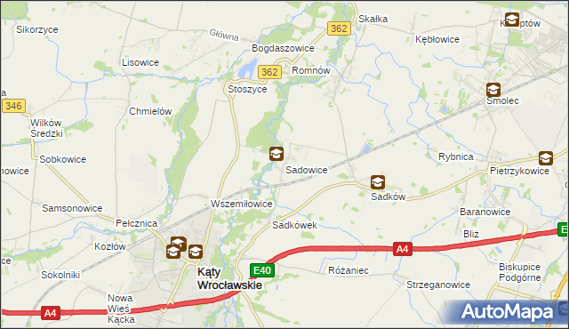 mapa Sadowice gmina Kąty Wrocławskie, Sadowice gmina Kąty Wrocławskie na mapie Targeo