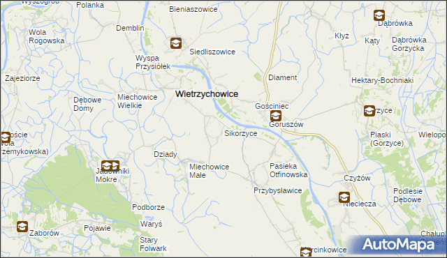 mapa Sikorzyce gmina Wietrzychowice, Sikorzyce gmina Wietrzychowice na mapie Targeo