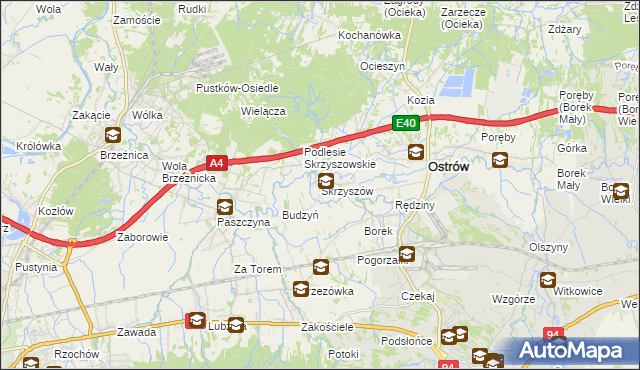 mapa Skrzyszów gmina Ostrów, Skrzyszów gmina Ostrów na mapie Targeo