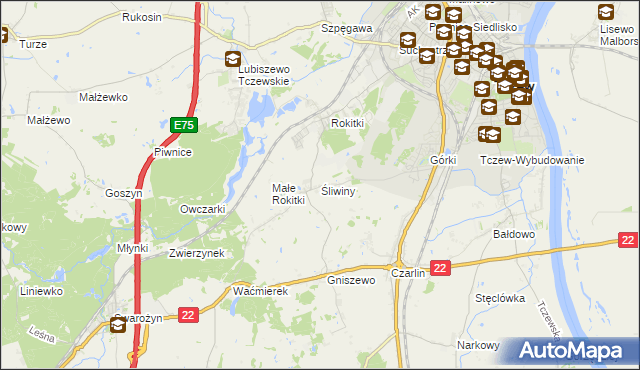 mapa Śliwiny gmina Tczew, Śliwiny gmina Tczew na mapie Targeo