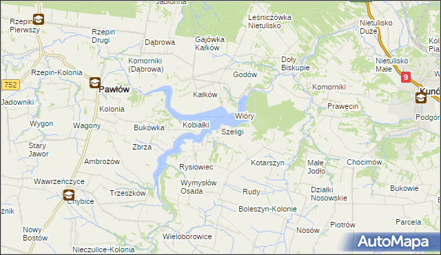 mapa Szeligi gmina Pawłów, Szeligi gmina Pawłów na mapie Targeo