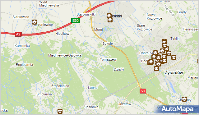 mapa Tomaszew gmina Wiskitki, Tomaszew gmina Wiskitki na mapie Targeo