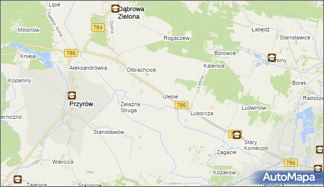 mapa Ulesie gmina Dąbrowa Zielona, Ulesie gmina Dąbrowa Zielona na mapie Targeo