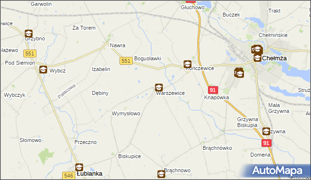 mapa Warszewice gmina Łubianka, Warszewice gmina Łubianka na mapie Targeo