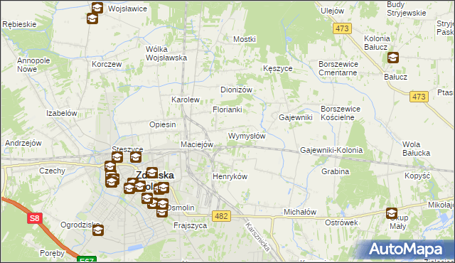 mapa Wymysłów gmina Zduńska Wola, Wymysłów gmina Zduńska Wola na mapie Targeo